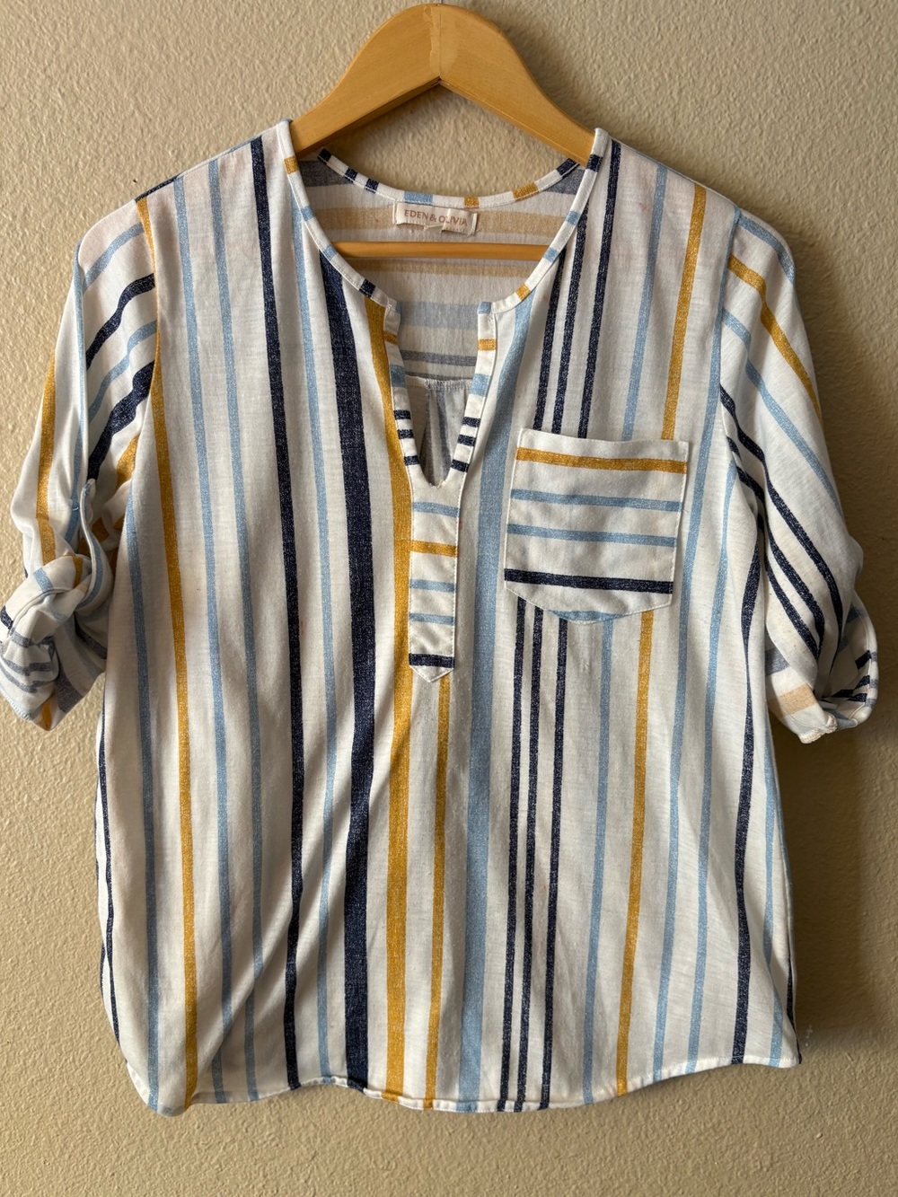 Eden & Olivia Stripe Pullover Blouse White Navy Mustard Split Neck Casual Top S - Picture 2 of 12